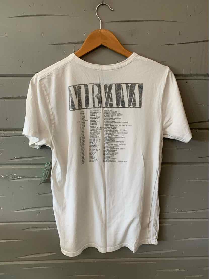 White short-sleeve cotton t-shirt with black Nirvana graphic and text on back, size small.
