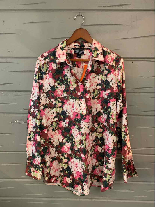 Long-sleeve Lands’ End blouse with vibrant pink, white, and green floral print on black background, classic collar,.