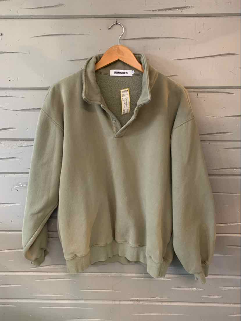 Olive green pullover sweatshirt with a relaxed fit, ribbed cuffs, hem, and collar, size S/M.