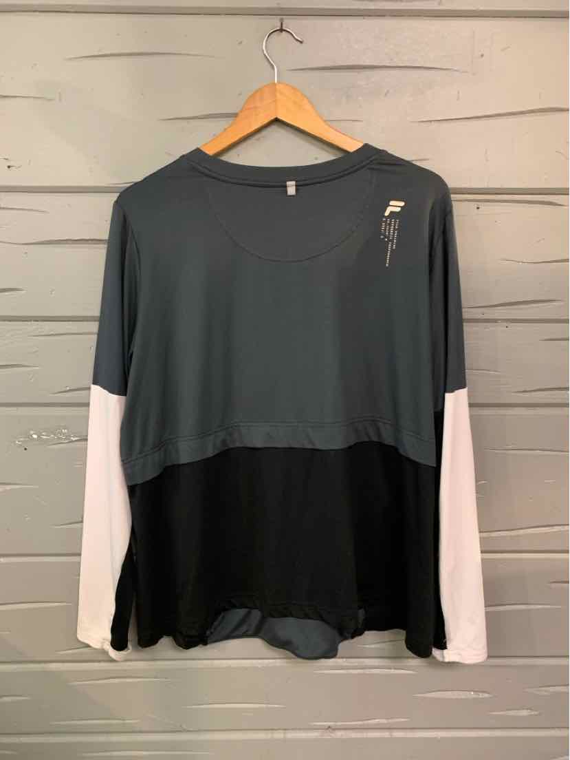Long-sleeve color block sweatshirt with dark gray upper, black lower body, and white sleeves, featuring small FILA logo on.