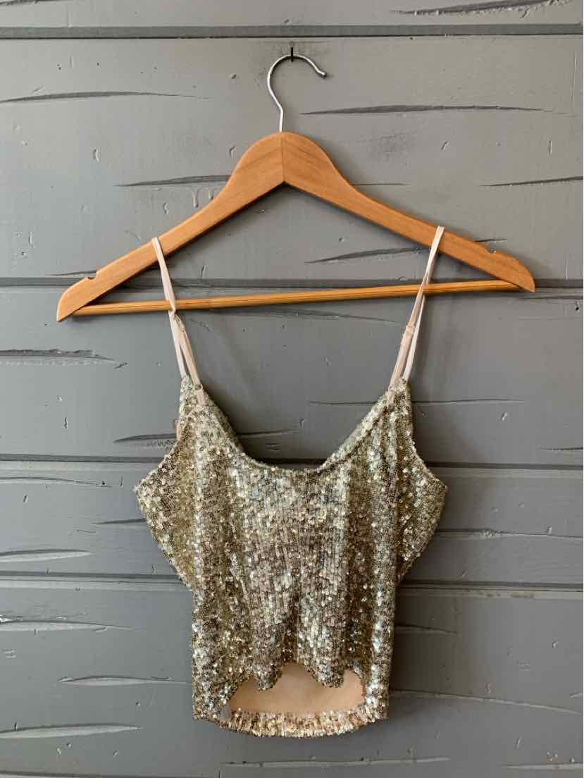 Silver sequin spaghetti strap cropped tank top with a scoop neckline and fitted silhouette.