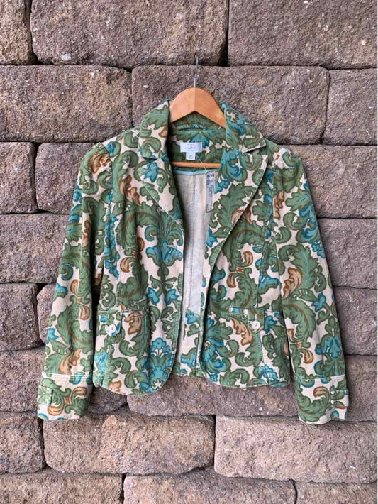 Green corduroy blazer with multicolor floral pattern and notch lapel collar, size 4.