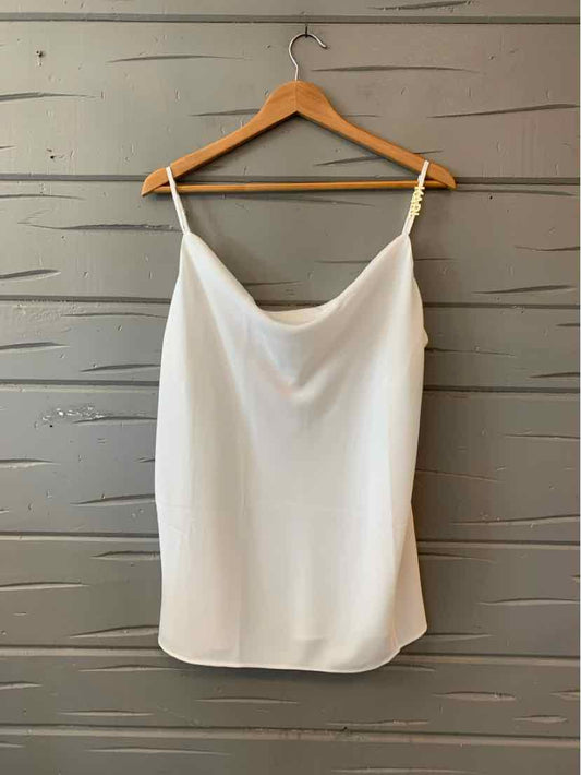 White spaghetti strap camisole top with draped neckline, lightweight fabric, size XL.