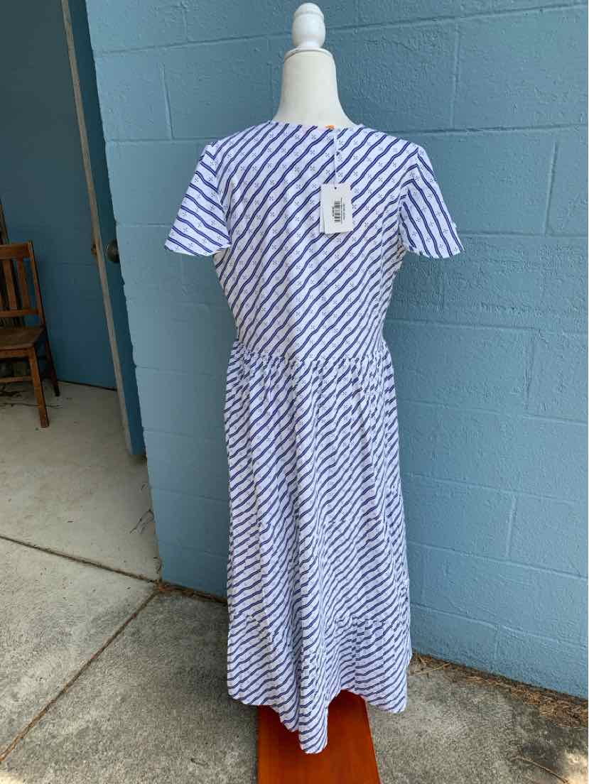 White and blue striped midi dress with short sleeves and a gathered waist on a mannequin.