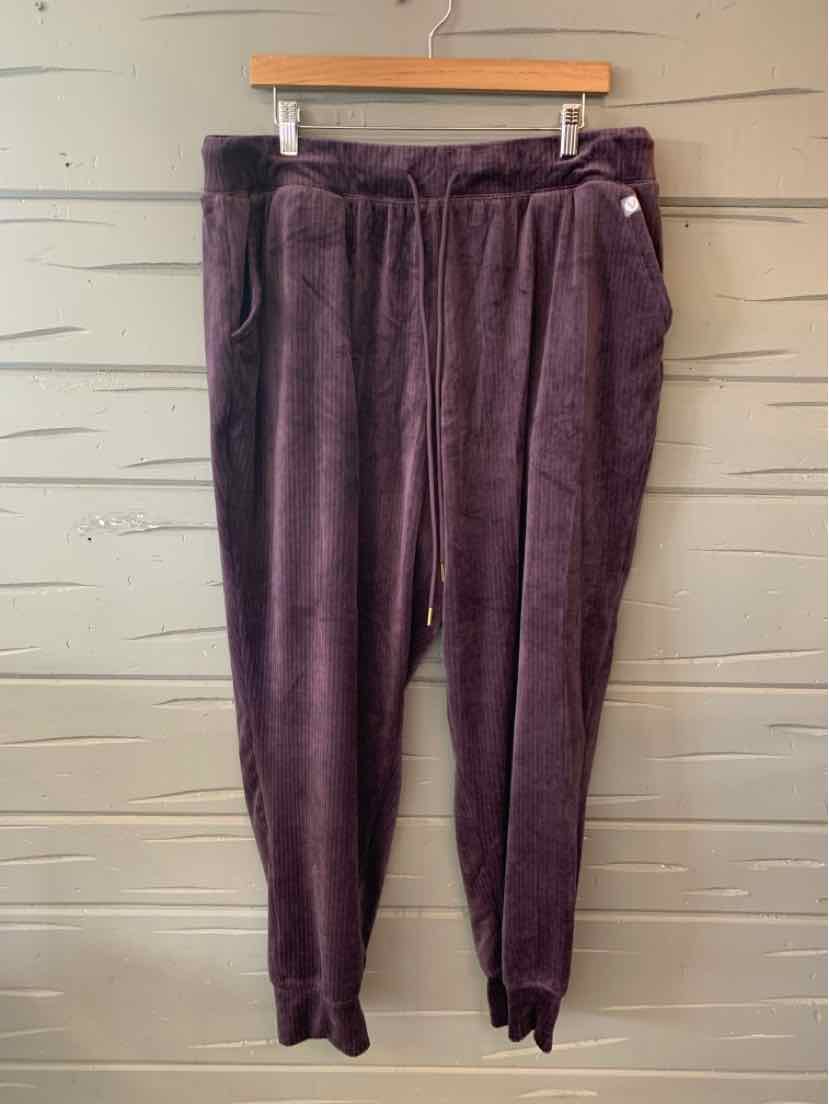 Dark purple plush fleece jogger pants with elastic waistband and cuffed ankles.
