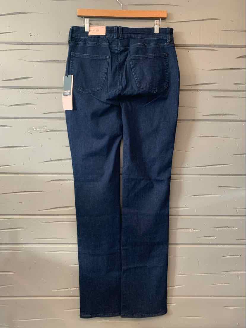 Dark blue straight-leg jeans with classic five-pocket design hanging on wooden hanger against gray wooden background.