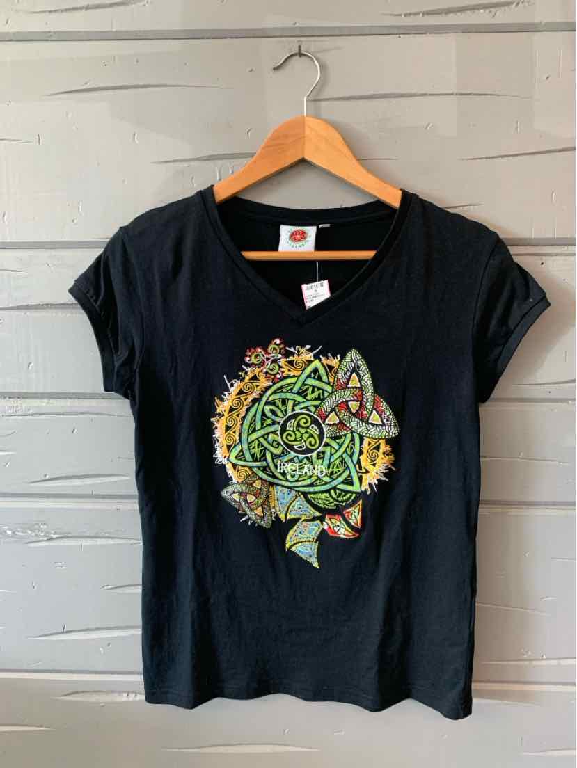 Black women's short-sleeve T-shirt with colorful geometric and floral graphic on front, medium size.