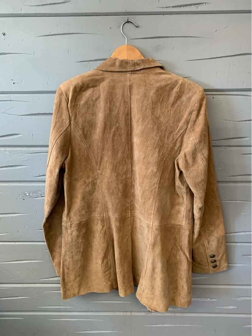 Tan suede blazer with a notched collar, long sleeves, and a single-button front, shown from the back.