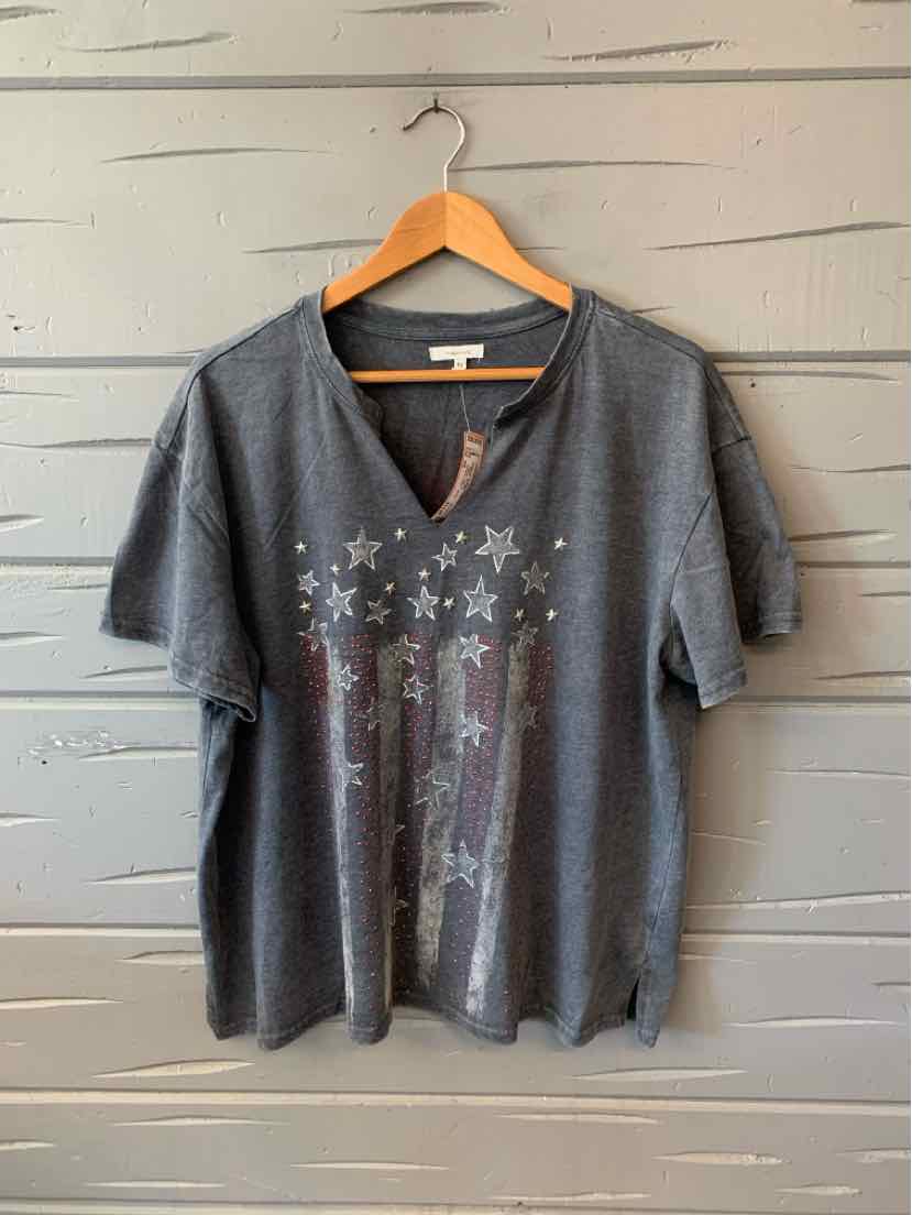 Dark gray short-sleeve V-neck T-shirt with faded vertical striped star pattern on front.