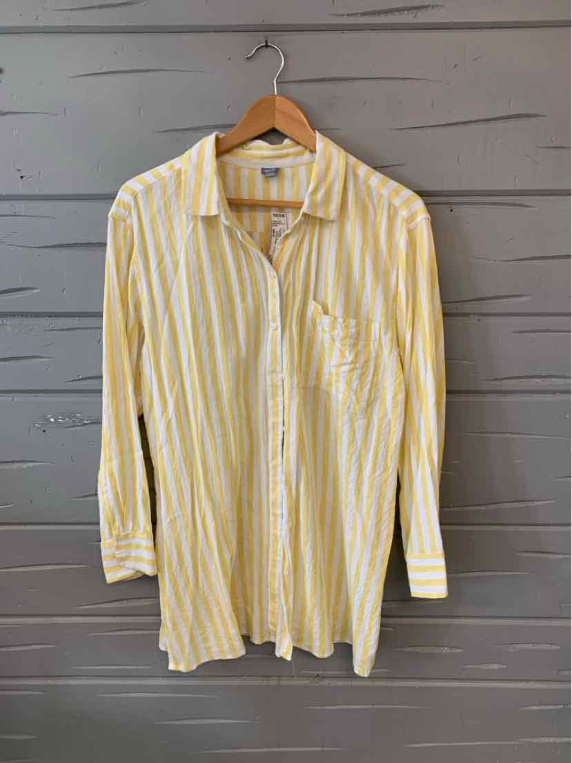 Yellow and white vertical striped long-sleeve button-up shirt with collar and chest pocket.