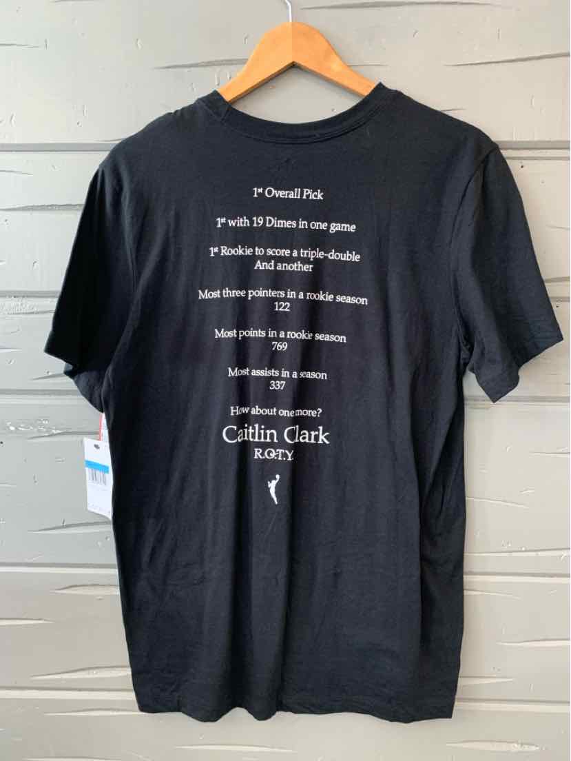 Black Nike t-shirt with white text printed on the back, short sleeves, and crew neck.