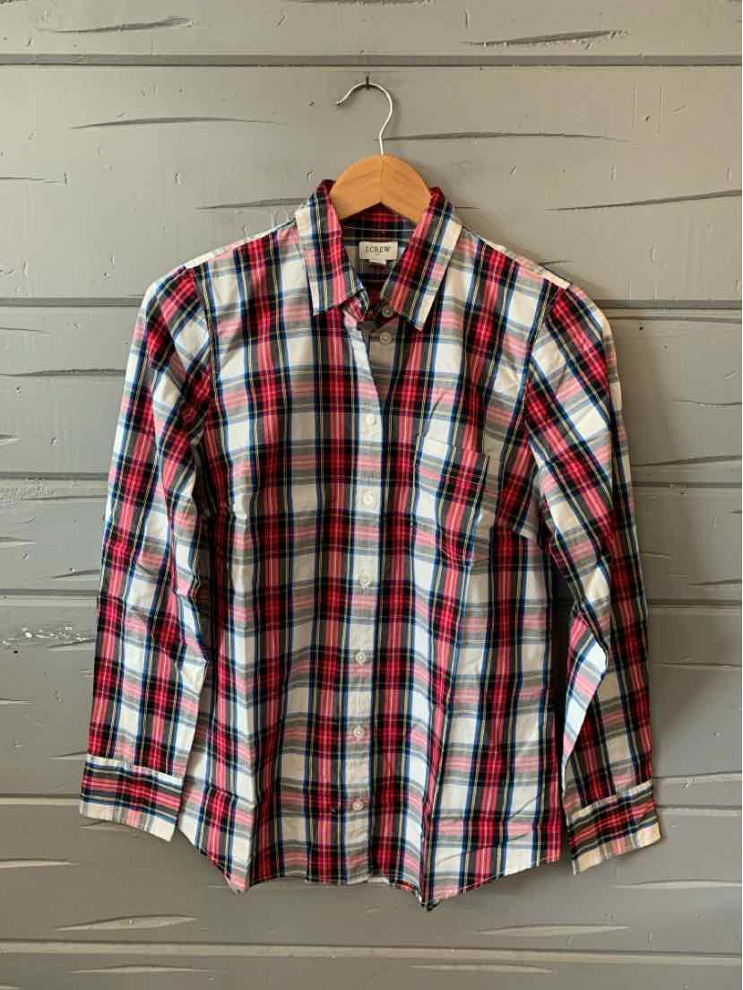 Red, white, and navy plaid button-up shirt with long sleeves and classic collar, size small.